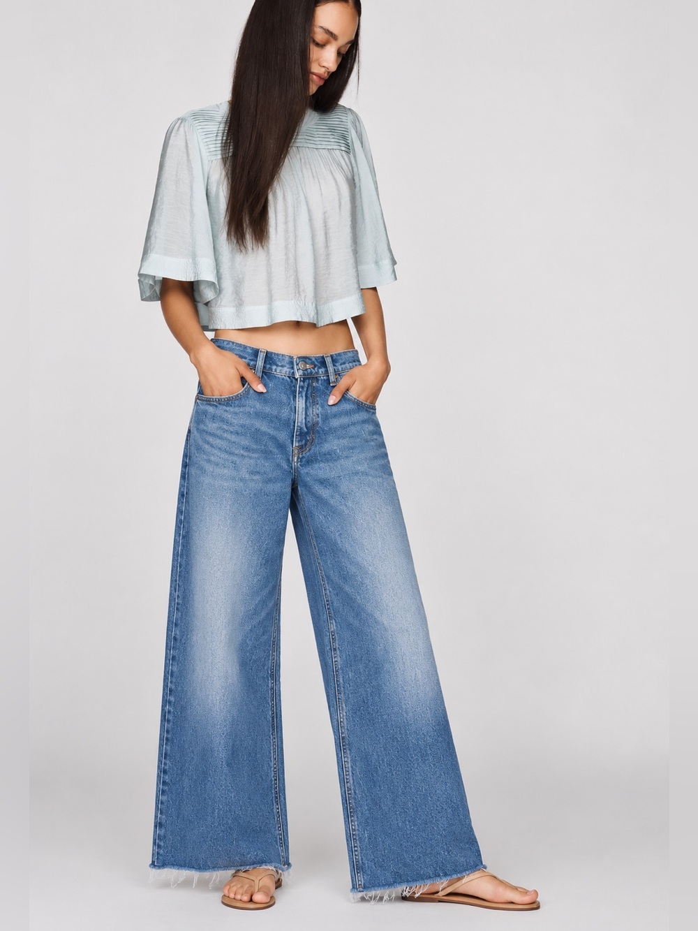 FRAME 100% Cotton Wide Leg Cropped Raw Hem Jeans Blue Size 24